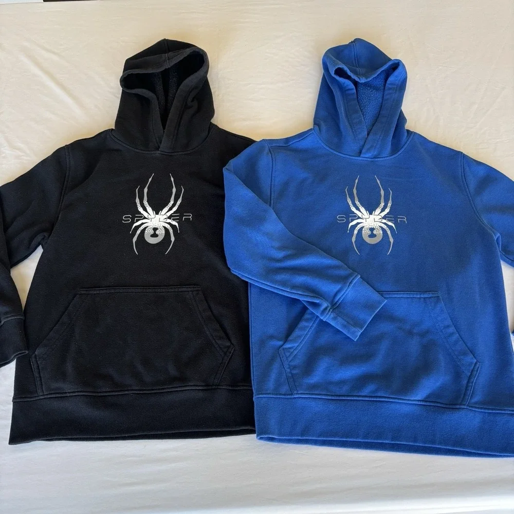 Lot of 2 Spyder Youth Boys Base Camp Pullover Hoodies Black & Blue Size M 10/12